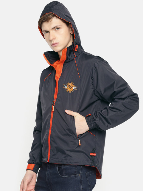 

Sports52 wear Men Navy Blue & Orange Solid Hooded Rain Jacket