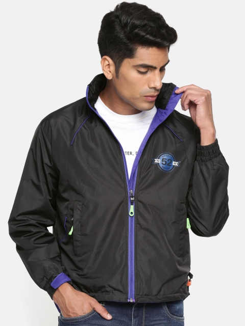 

Sports52 wear Men Black & Blue Solid Hooded Rain Jacket
