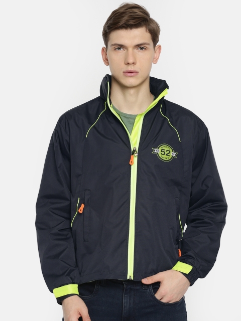 

Sports52 wear Men Navy Blue & Fluorescent Green Solid Hooded Rain Jacket