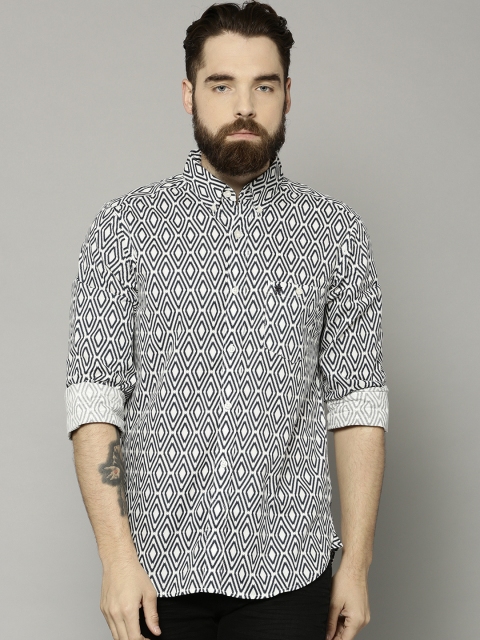 

French Connection White & Navy Printed Casual Shirt