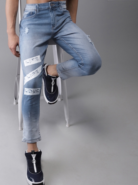 

Moda Rapido Men Blue Slim Tapered Fit Mid-Rise Low Distress Stretchable Cropped Jeans