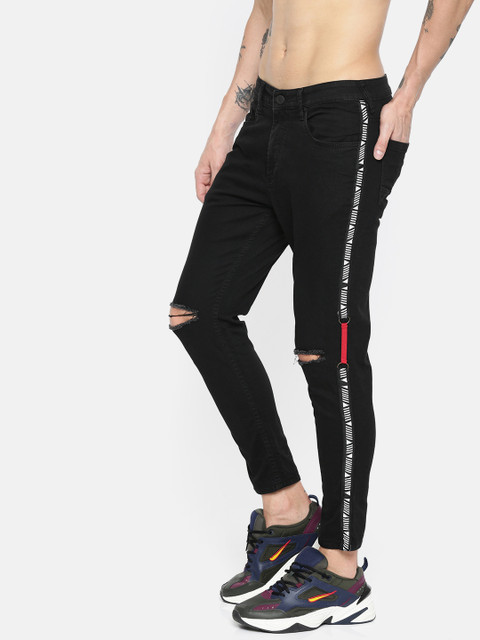 

Moda Rapido Men Black Slim Tapered Fit Mid-Rise Slash Knee Stretchable Cropped Jeans