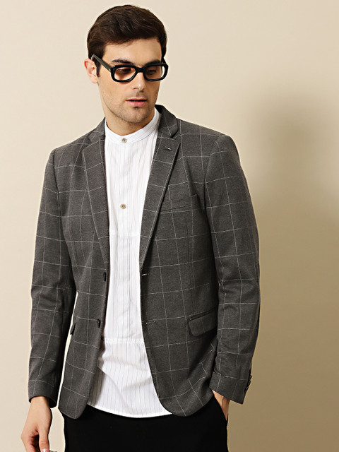 

Mr Bowerbird Men Grey & White Checked Tailored Fit Single Breasted Blazers