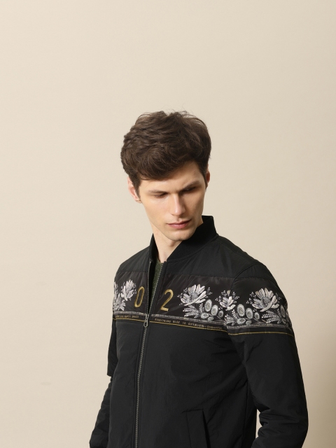 

Mr Bowerbird Men Black Printed Tailored Fit Bomber Jacket