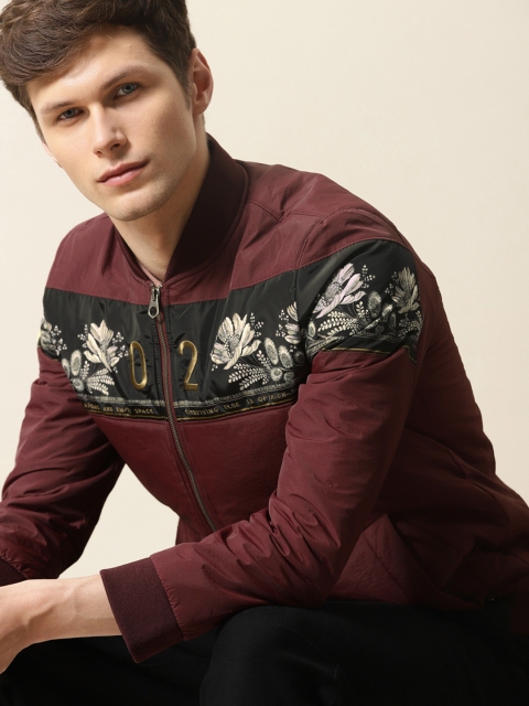 

Mr Bowerbird Men Maroon Printed Tailored Fit Bomber Jacket