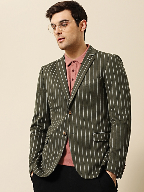 

Mr Bowerbird Men Green & White Striped Tailored Fit Single Breasted Blazers