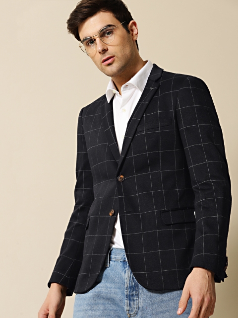 

Mr Bowerbird Men Navy Blue & White Checked Tailored Fit Single Breasted Blazers