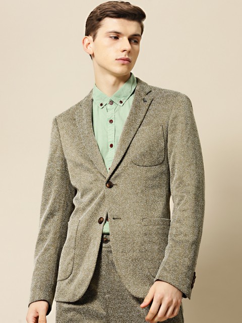 

Mr Bowerbird Men Olive Green & White Self Design Tailored Fit Smart Casual Blazer