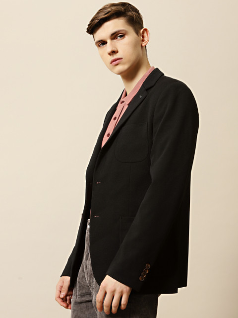 

Mr Bowerbird Men Black Self Design Tailored Fit Single-Breasted Smart Casual Blazer