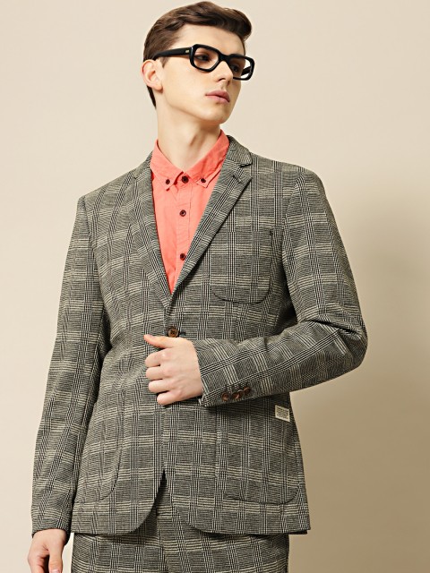 

Mr Bowerbird Men Black & Off White Checked Tailored Fit Smart Casual Blazer