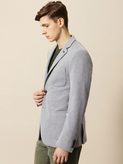 

Mr Bowerbird Men Grey & White Self Design Tailored Fit Single-Breasted Smart Casual Blazer