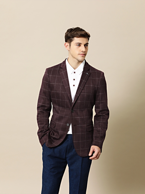 

Mr Bowerbird Men Maroon & Grey Checked Tailored Fit Single-Breasted Casual Blazer