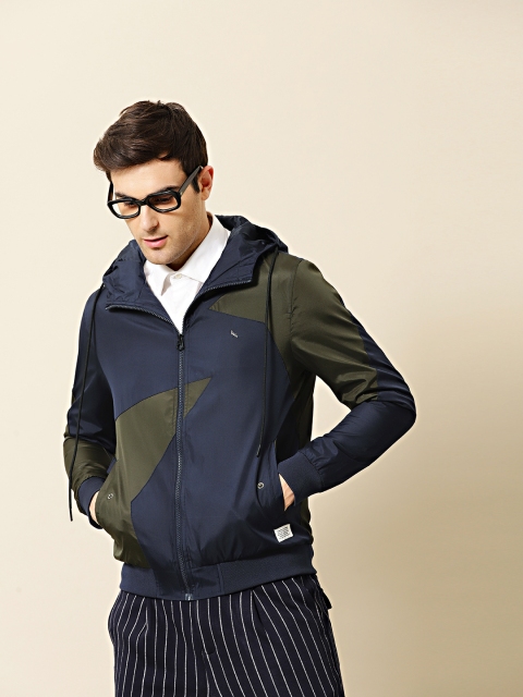 

Mr Bowerbird Men Navy Blue & Olive Green Tailored Fit Colourblocked Bomber Jacket