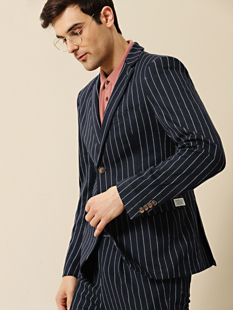 

Mr Bowerbird Men Navy Blue & White Striped Tailored Fit Single Breasted Blazers