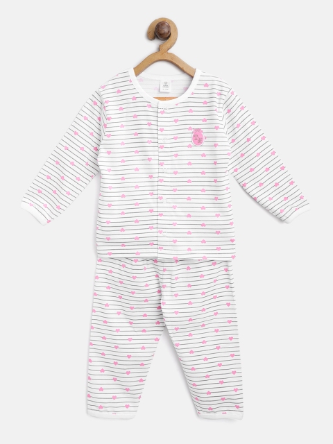 

TOFFY HOUSE Kids White & Pink Striped Night Suit with Printed Detail 20351