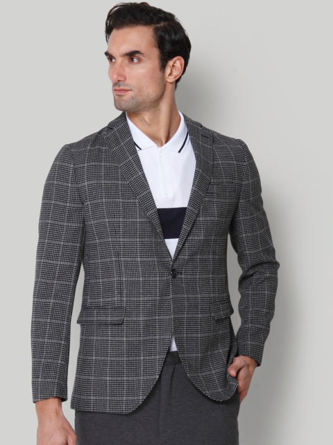 

SELECTED Men Navy Blue & Grey Checked Slim Fit Single-Breasted Casual Blazer