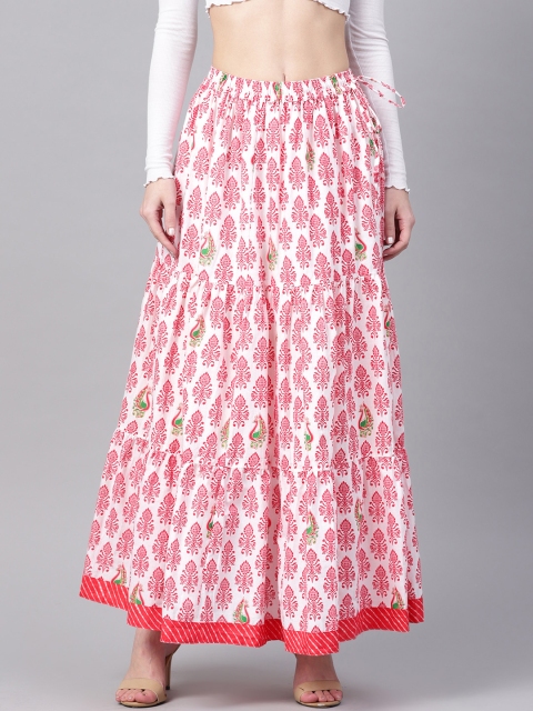 

Geroo Jaipur Women White & Pink Handblock Print Maxi Skirt