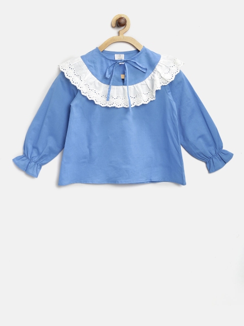 

AWW HUNNIE Girls Blue Schiffli Embroidered Detail Pure Cotton Top