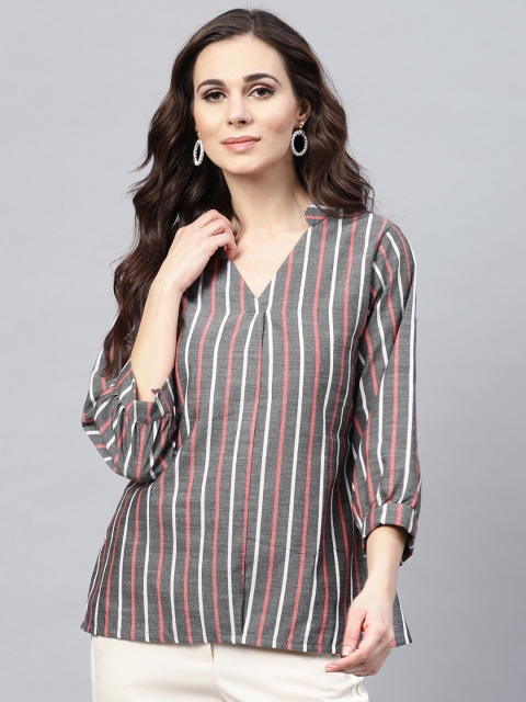 

Bhama Couture Women Charcoal Grey & Red Striped A-Line Pure Cotton Top