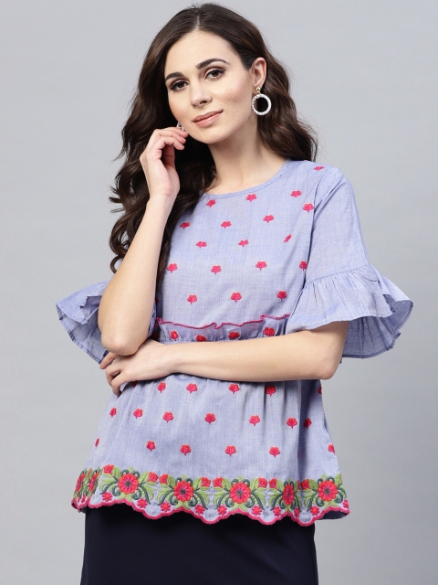 

Bhama Couture Women Blue Embroidered A-Line Top