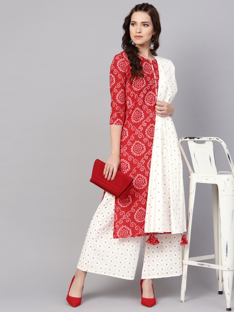 

Ishin Women Red & White Bandhani Print Kurta with Palazzos & Dupatta