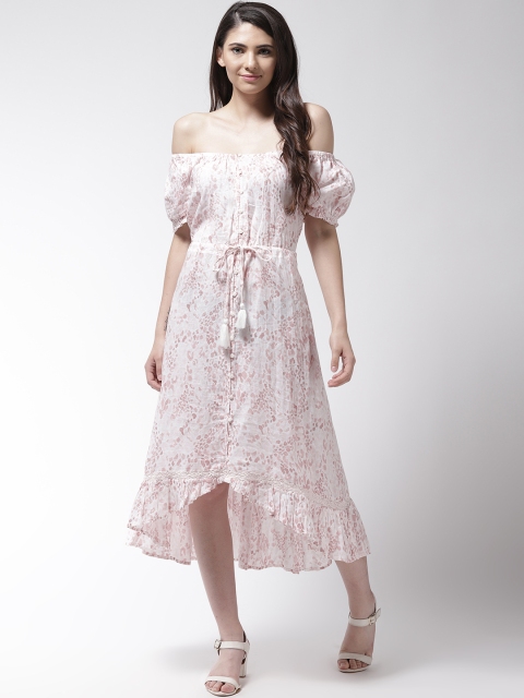 

Marks & Spencer Women White & Pink Linen Off-Shoulder Animal Print A-Line Dress