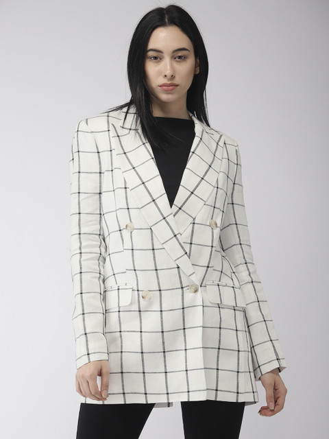 

Marks & Spencer Women White & Black Checked Blazer