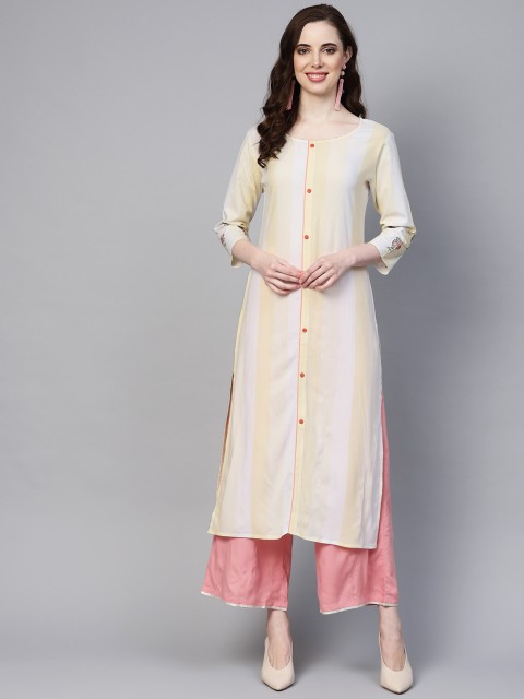 

Yufta Women Off-White & Yellow Striped Straight Kurta