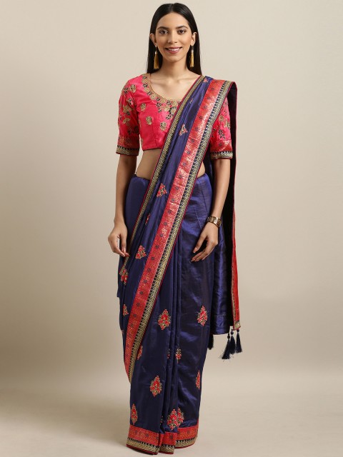 

MANOHARI Pink & Navy Blue Art Silk Woven Design Kanjeevaram Saree
