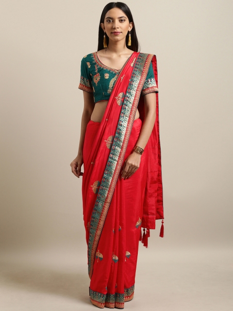 

MANOHARI Red & Teal Green Art Silk Woven Design Kanjeevaram Saree