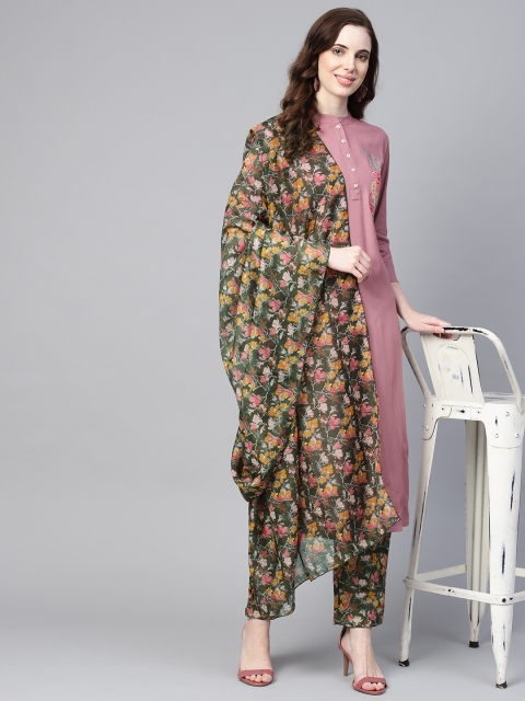 

Yufta Women Mauve & Olive Green Solid Kurta with Trousers & Dupatta