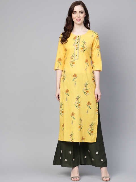 

Yufta Women Yellow & Olive Green Printed Kurta with Palazzos