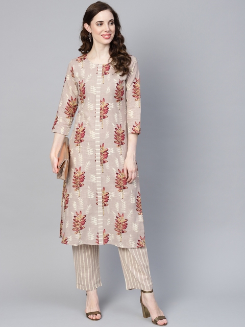 

Yufta Women Beige & Pink Printed Kurta with Trousers
