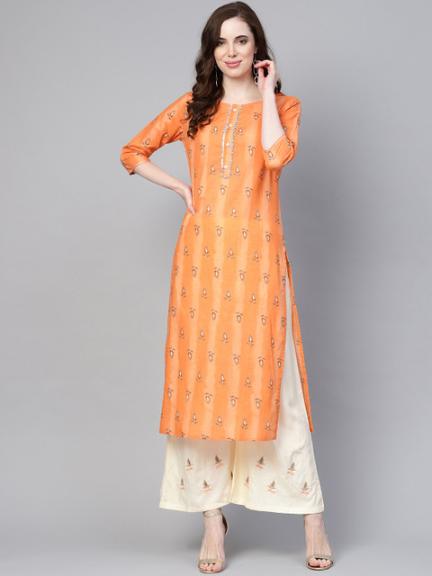 

Yufta Women Orange & Cream-Coloured Printed Kurta with Palazzos