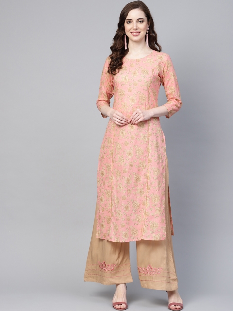 

Yufta Women Pink & Brown Printed Kurta with Palazzos