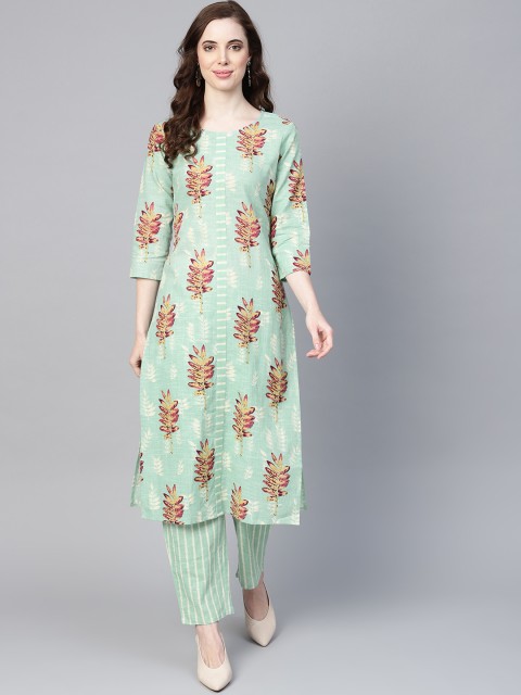 

Yufta Women Sea Green Printed Kurta with Trousers