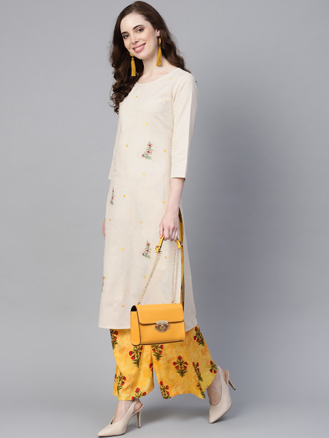 

Yufta Women Off-White & Yellow Embroidered Kurta with Palazzos