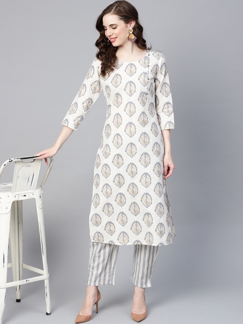 

Yufta Women White & Grey Printed Kurta with Trousers