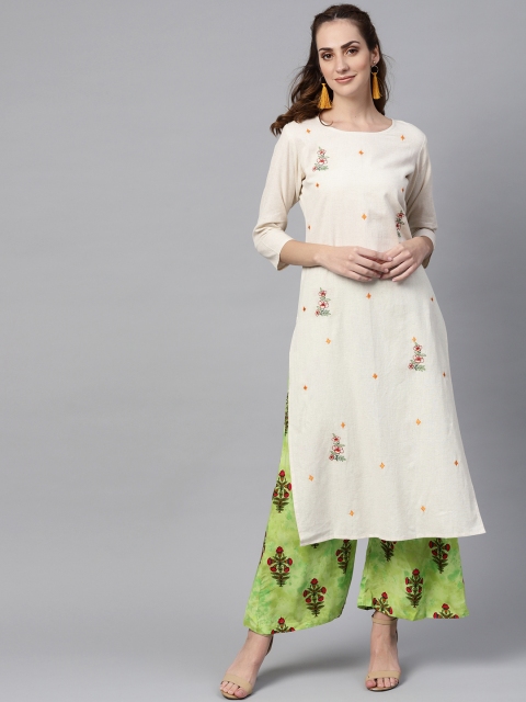 

Yufta Women Off-White & Beige Embroidered Kurta with Palazzos
