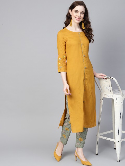 

Yufta Women Mustard & Green Solid Kurta with Trousers