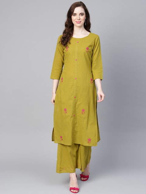 

Yufta Women Green & Magenta Embroidered Kurta with Palazzos