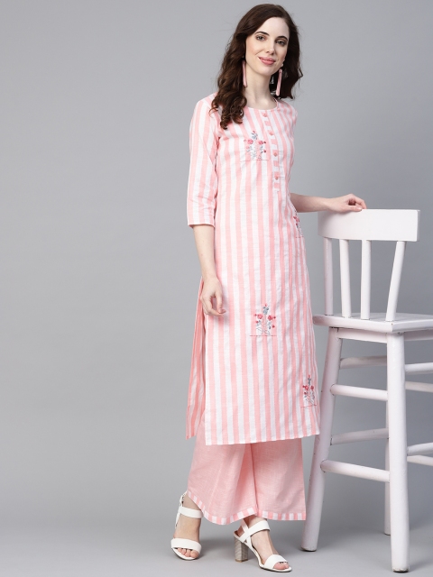 

Yufta Women Peach-Coloured & White Striped Kurta with Palazzos