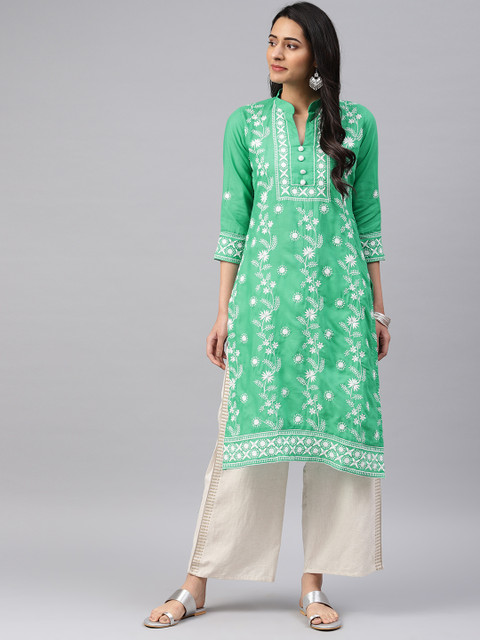 

Saadgi Women Sea Green & White Embroidered Straight Kurta