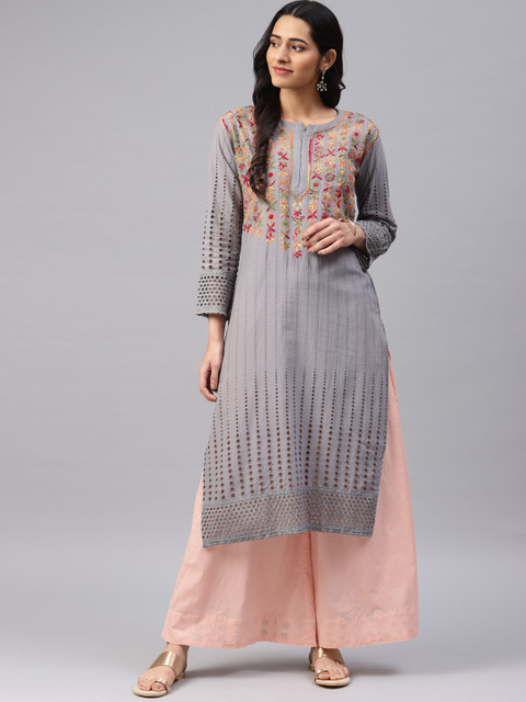 

Saadgi Women Grey Embroidered Chikankari Straight Kurta