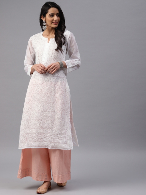 

Saadgi Women White Chikankari Embroidered Straight Kurta