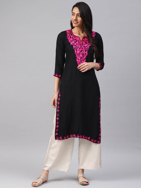 

Saadgi Women Black & Pink Chikankari Embroidered Straight Kurta