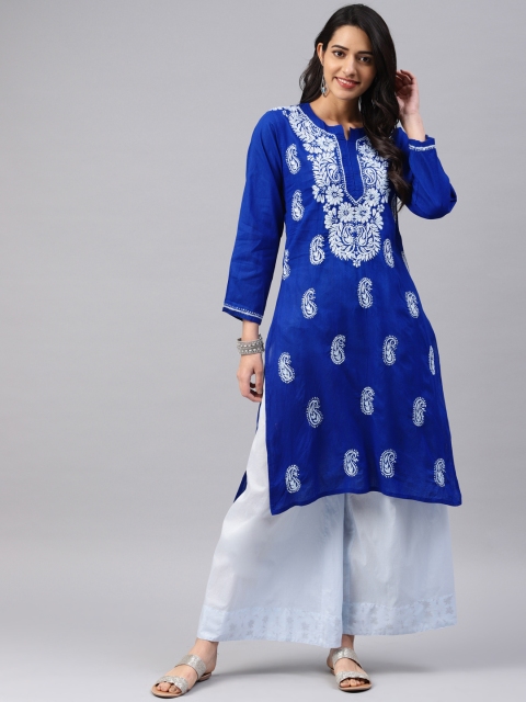 

Saadgi Women Blue & White Chikankari Embroidered Straight Kurta, Navy blue