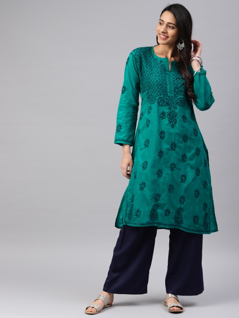 

Saadgi Women Green Embroidered A-Line Kurta