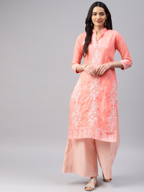 

Saadgi Women Pink & White Chikankari Embroidered Straight Kurta