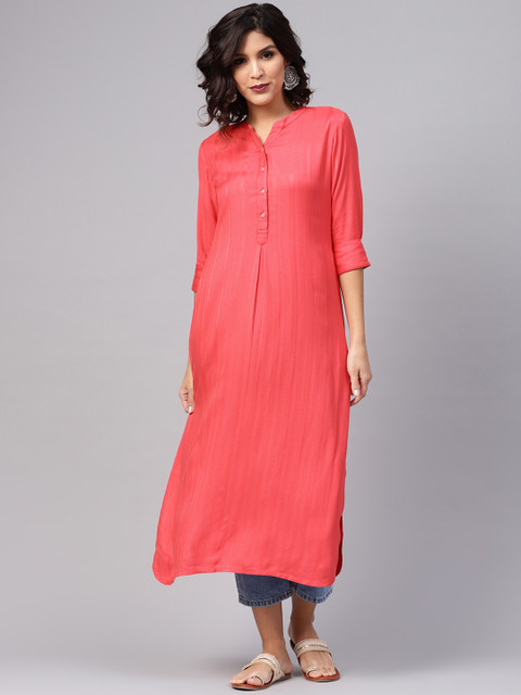 

Libas Women Coral Pink Self-Striped Straight Kurta